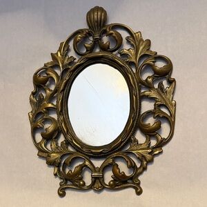 Vintage Antique Cast Iron Ornate Brass Finish Victorian Mirror / Picture Frame